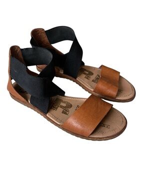 Sorel Women's Ella Brown Black Ankle Strap Flat Sandals Size 7.5